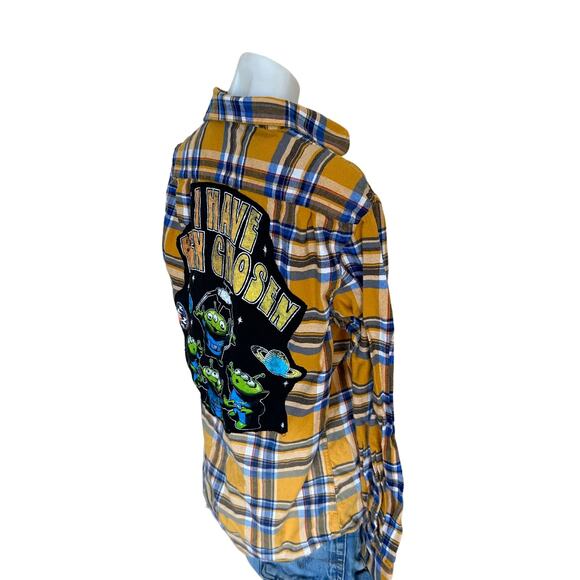 Toy Story Plaid Flannel Shirt Shacket SMALL Oversize Upcycle Unique Aliens Claw - Picture 3 of 6